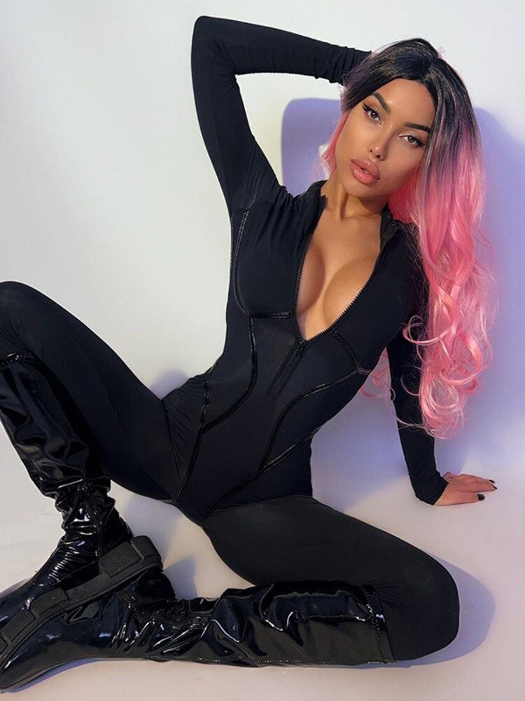 best Mozision Black Sexy Skinny Jumpsuit Women Overalls O Neck Full Sleeve Zipper Sporty Jumpsuits Ladies Fashion Rompers Streetwear 0 shop online at M2K Trends for