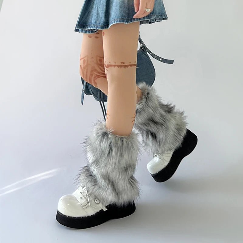 best New Gray Imitation Wolf Fur Leg Warmers Y2k Girl Winter Warm JK Furry Boots Socks Gothic Punk Jk Knee-length Hiphop Stockings shop online at M2K Trends for