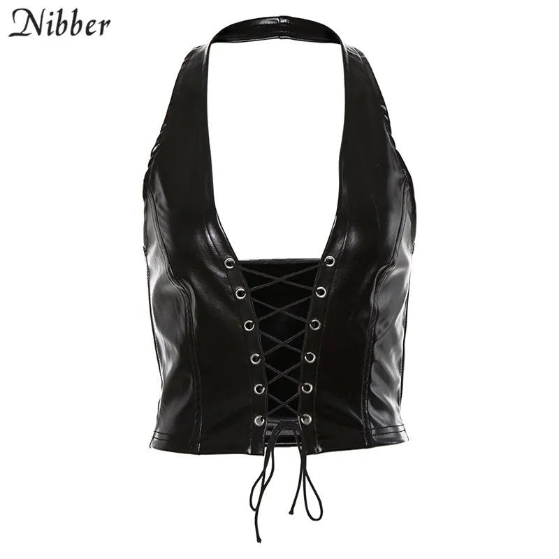 best Nibber Sexy Punk Y2K Black Leather Crop Top Womens Hollow Backless camisole 2021 Summer Vest Fashion Club Party Wear Tank Tops shop online at M2K Trends for