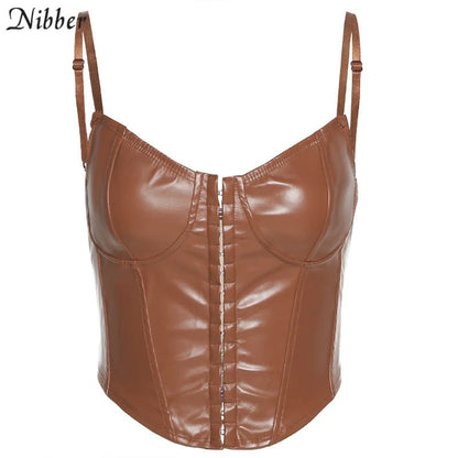 best Nibber Sexy Punk Y2K Black Leather Crop Top Womens Hollow Backless camisole 2021 Summer Vest Fashion Club Party Wear Tank Tops shop online at M2K Trends for