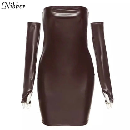 best Nibber Y2K Leather With Gloves Party Dress Women's Backless Sexy Low Cut Clubwear Skinny 2021 Black Bodycon Mini Dresses Female shop online at M2K Trends for