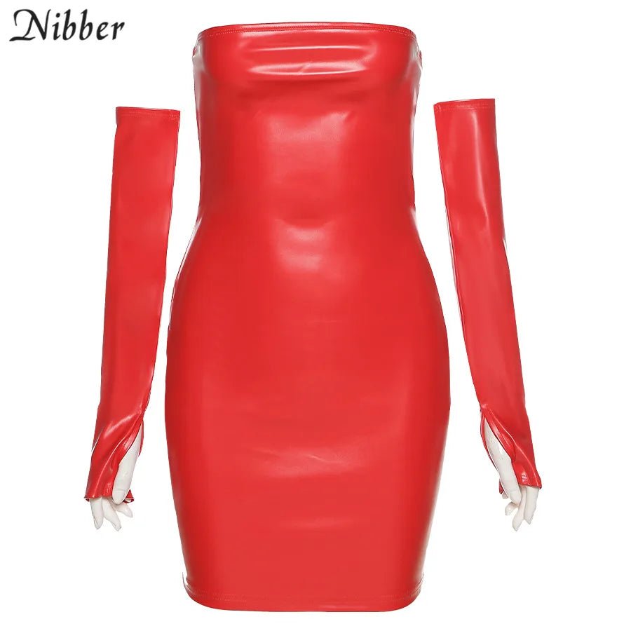 best Nibber Y2K Leather With Gloves Party Dress Women's Backless Sexy Low Cut Clubwear Skinny 2021 Black Bodycon Mini Dresses Female shop online at M2K Trends for