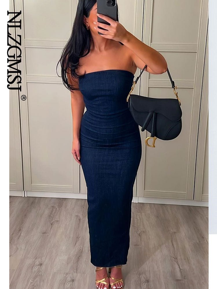 best Nlzgmsj Sexy Strapless Backless Zipper Split Dress Party Blue Denim Female Long Dress for Women Clothes Summer Evening Dresses 0 shop online at M2K Trends for