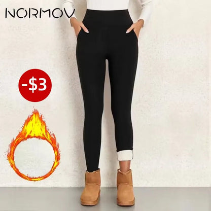 best NORMOV Women Winter Leggings High Waist Thick Wool Pants Warm Velvet Thick Thermal Pants Fleece Legging Pocket Leggings shop online at M2K Trends for