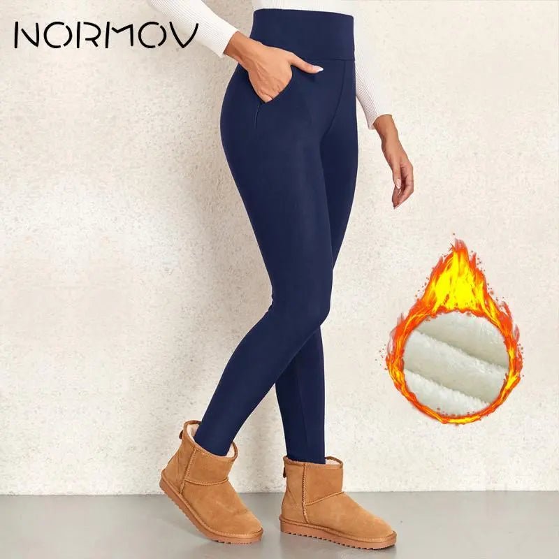 best NORMOV Women Winter Leggings High Waist Thick Wool Pants Warm Velvet Thick Thermal Pants Fleece Legging Pocket Leggings shop online at M2K Trends for