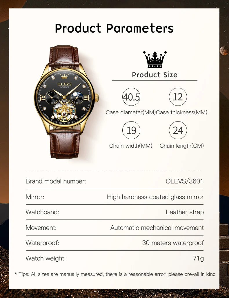 best OLEVS 3601 Tourbillon skeleton luxury business Moon Phase Calendar Leather Luminous Waterproof Men's Automatic Mechanical Watch shop online at M2K Trends for