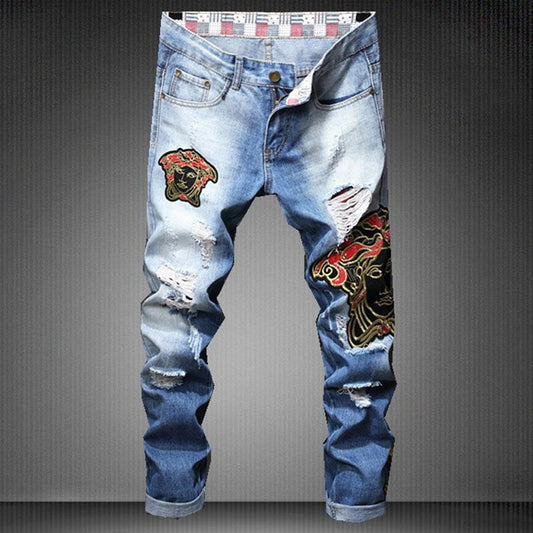 best Original design new European and American style fashion man hole jeans Embroidery face blue men's pants 0 shop online at M2K Trends for