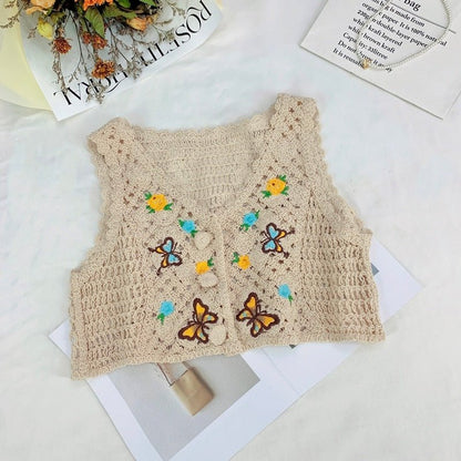 best OUMEA Women Sweet Cotton Cardigan Summer Floral Embroidery Sleeveless Buttons Front Crop Tops Beach Sweet Crochet French Style 0 shop online at M2K Trends for