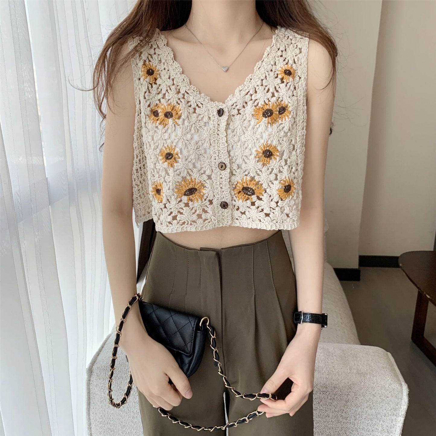 best OUMEA Women Sweet Cotton Cardigan Summer Floral Embroidery Sleeveless Buttons Front Crop Tops Beach Sweet Crochet French Style 0 shop online at M2K Trends for