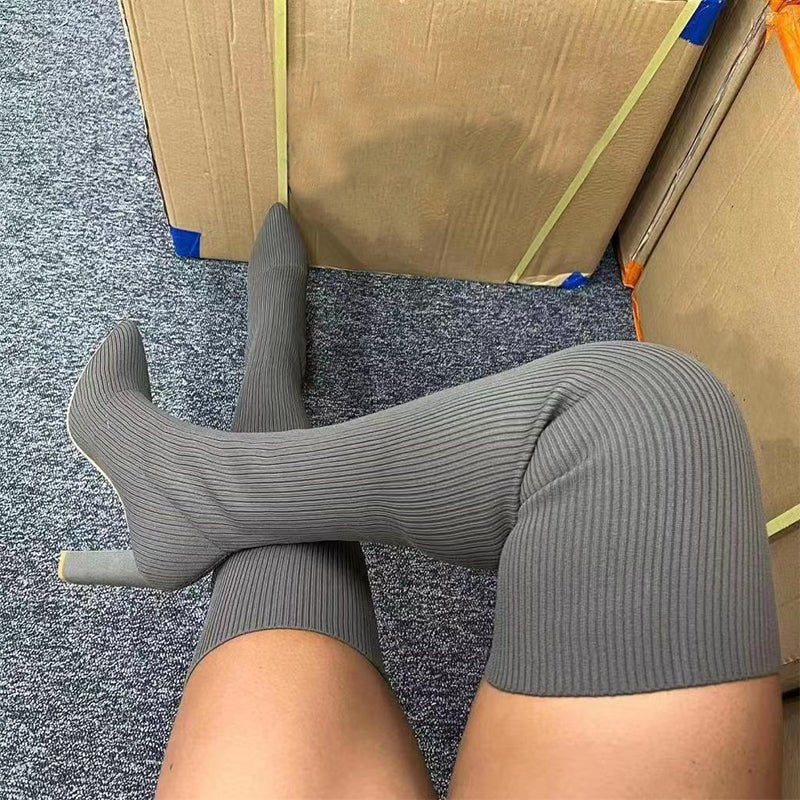 best Over Knee Long Boots Pointed Toe High Heel Stretch Knitting Shoes Women Winter Boot 4 shop online at M2K Trends for
