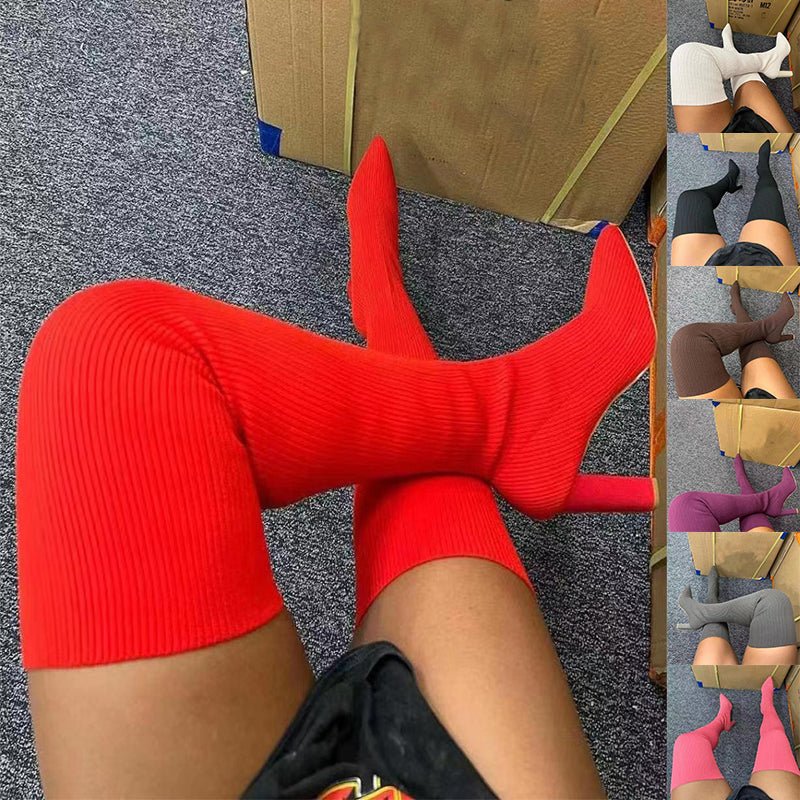 best Over Knee Long Boots Pointed Toe High Heel Stretch Knitting Shoes Women Winter Boot 4 shop online at M2K Trends for