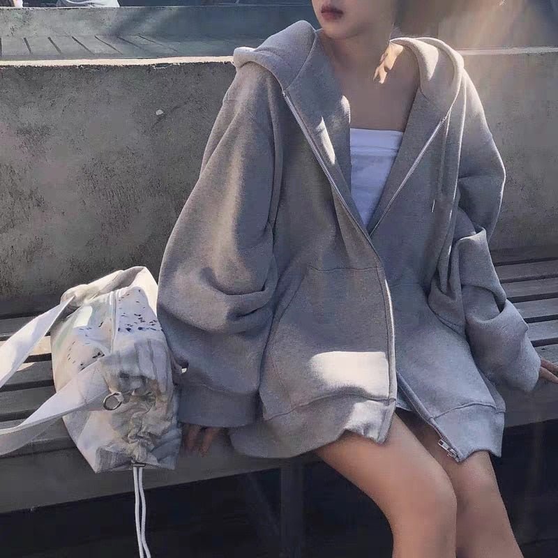 best Oversize Women Hoodies 2022 New Casual Solid Zip Up Hooded Sweatshirt Harajuku Korean Loose Couple Hoodie Jacket Coat Streetwear 0 shop online at M2K Trends for