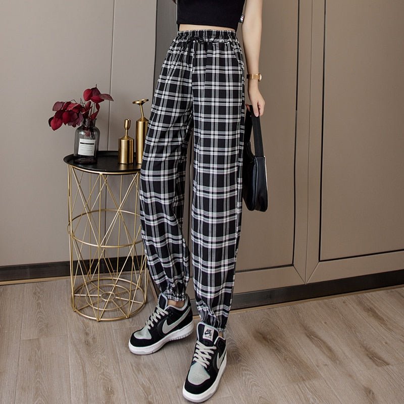 best Pants Women New Bunch of feet Fashion Loose Black Plaid Summer Harajuku Students Streetwear Harem Long Trousers Womens Chic 0 shop online at M2K Trends for