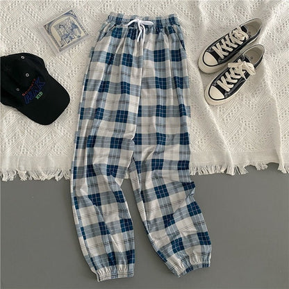 best Pants Women New Bunch of feet Fashion Loose Black Plaid Summer Harajuku Students Streetwear Harem Long Trousers Womens Chic 0 shop online at M2K Trends for