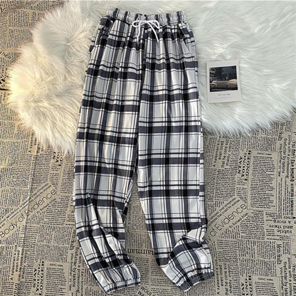 best Pants Women New Bunch of feet Fashion Loose Black Plaid Summer Harajuku Students Streetwear Harem Long Trousers Womens Chic 0 shop online at M2K Trends for