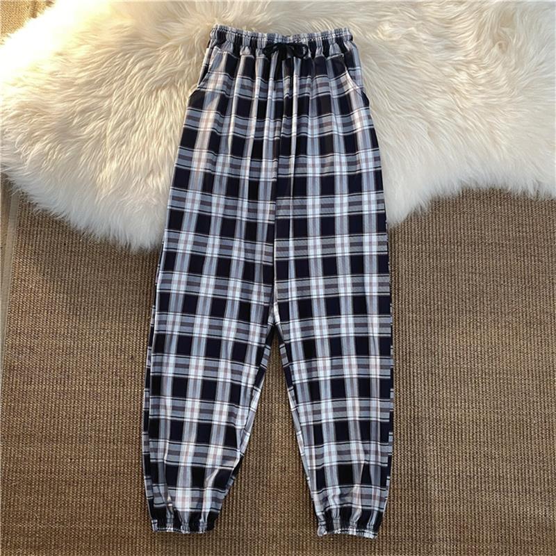 best Pants Women New Bunch of feet Fashion Loose Black Plaid Summer Harajuku Students Streetwear Harem Long Trousers Womens Chic 0 shop online at M2K Trends for