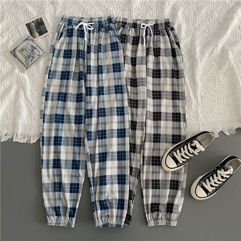 best Pants Women New Bunch of feet Fashion Loose Black Plaid Summer Harajuku Students Streetwear Harem Long Trousers Womens Chic 0 shop online at M2K Trends for