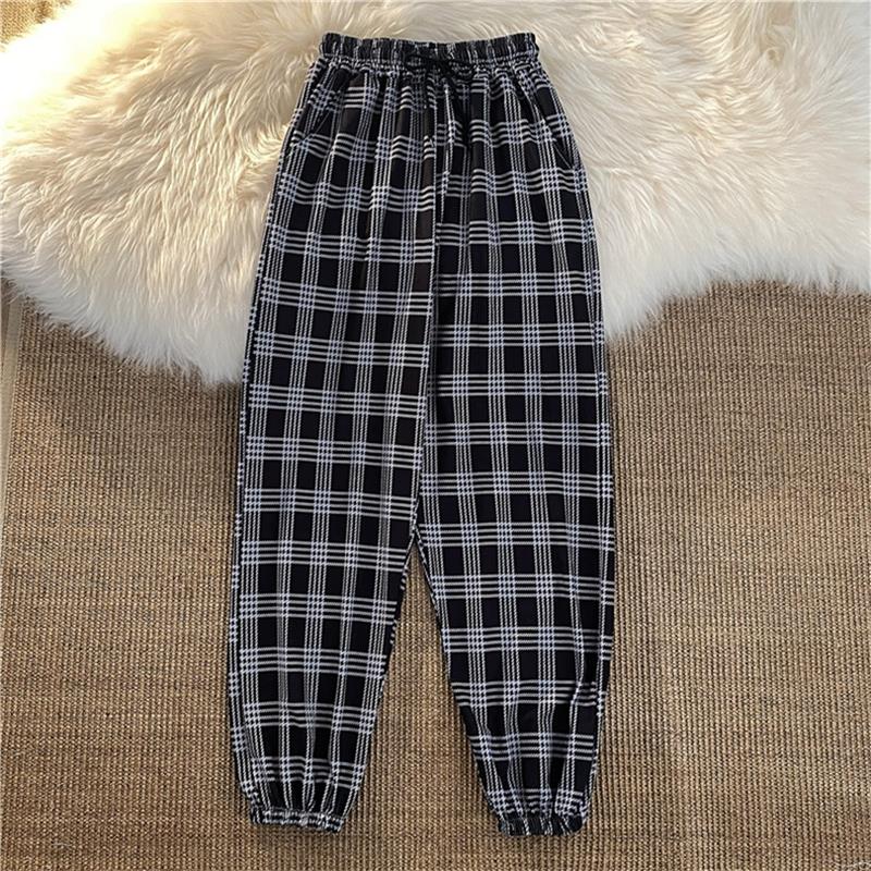 best Pants Women New Bunch of feet Fashion Loose Black Plaid Summer Harajuku Students Streetwear Harem Long Trousers Womens Chic 0 shop online at M2K Trends for