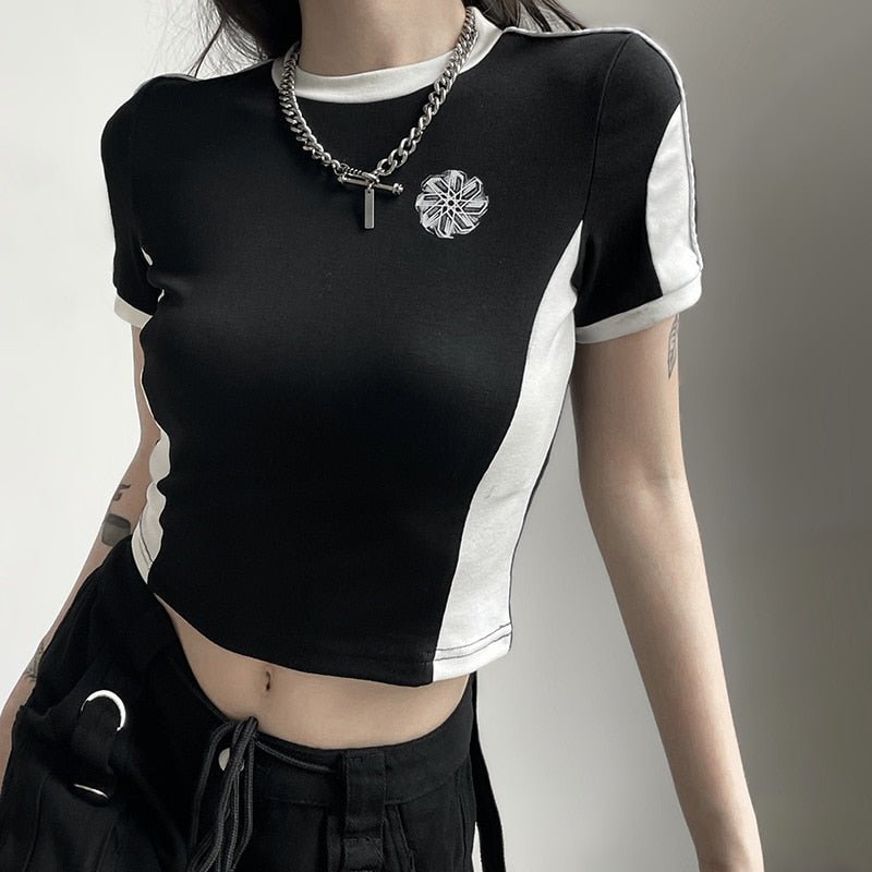 best Patchwork Black T-shirts Gothic One Shoulder Sleeve Y2k Crop Tops Hip Hop Techwear Women Clothes Tees Graphic T Shirts Harajuku 0 shop online at M2K Trends for