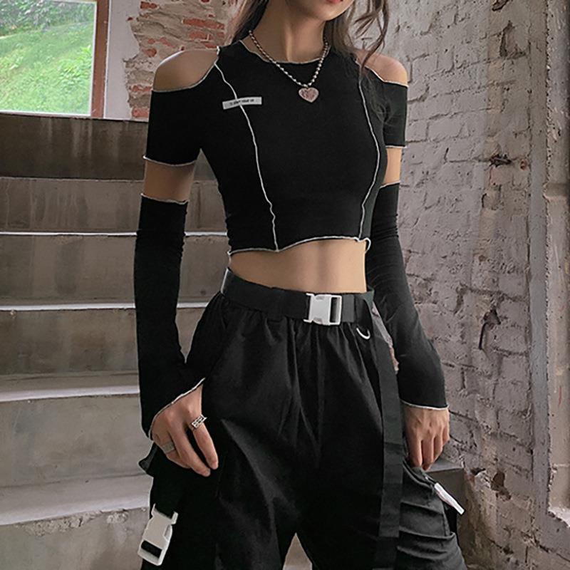 best Patchwork Black T-shirts Gothic One Shoulder Sleeve Y2k Crop Tops Hip Hop Techwear Women Clothes Tees Graphic T Shirts Harajuku 0 shop online at M2K Trends for