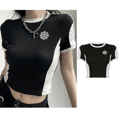 best Patchwork Black T-shirts Gothic One Shoulder Sleeve Y2k Crop Tops Hip Hop Techwear Women Clothes Tees Graphic T Shirts Harajuku 0 shop online at M2K Trends for