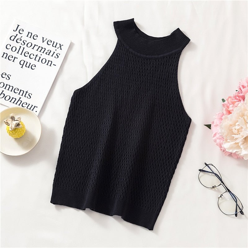 best Pearl Diary Women Knitting Halter Neck Tops Summer Sleeveless Sexy Slim Fit Tops French Style Elegant Knitted Tops For Women 0 shop online at M2K Trends for