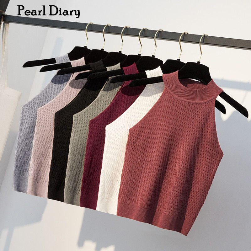 best Pearl Diary Women Knitting Halter Neck Tops Summer Sleeveless Sexy Slim Fit Tops French Style Elegant Knitted Tops For Women 0 shop online at M2K Trends for