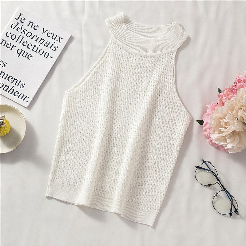 best Pearl Diary Women Knitting Halter Neck Tops Summer Sleeveless Sexy Slim Fit Tops French Style Elegant Knitted Tops For Women 0 shop online at M2K Trends for