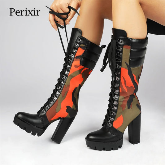 best Perixir Boots Women Fashion Camouflage Print Long Boots Winter Thick Heel Platform Mid-Calf Boots Knee High female+shoes 0 shop online at M2K Trends for