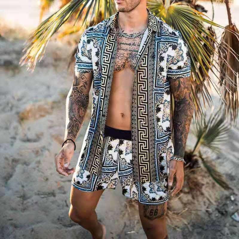 best Print Lapel Short Sleeve Shirt Set Summer Mens Fashion Beach 0 shop online at M2K Trends for