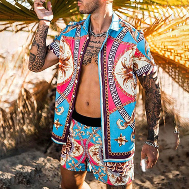 best Print Lapel Short Sleeve Shirt Set Summer Mens Fashion Beach 0 shop online at M2K Trends for