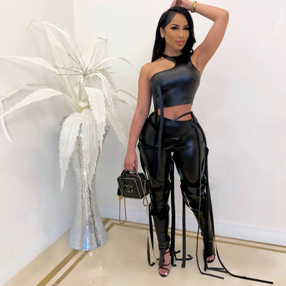 best PU Leather Bandage Two Piece Set Women Sexy One Shoulder Crop Top + Lace Up Slit Hem Pants Club Party 2 Piece Set Outfits y2k shop online at M2K Trends for