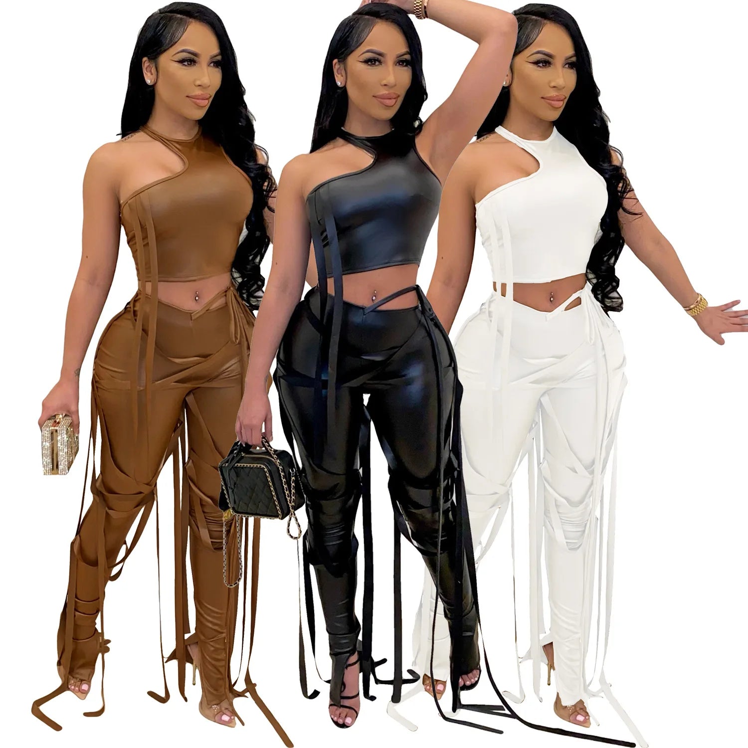 best PU Leather Bandage Two Piece Set Women Sexy One Shoulder Crop Top + Lace Up Slit Hem Pants Club Party 2 Piece Set Outfits y2k shop online at M2K Trends for