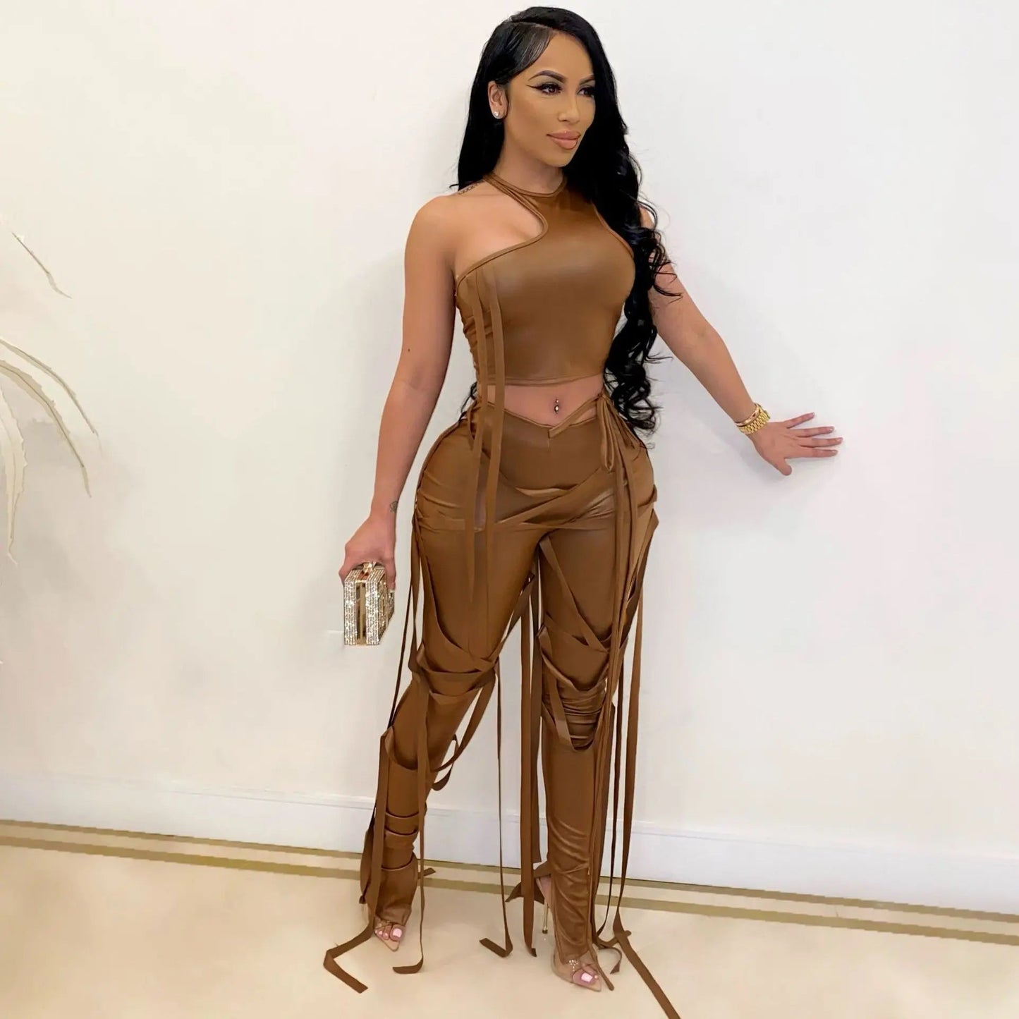 best PU Leather Bandage Two Piece Set Women Sexy One Shoulder Crop Top + Lace Up Slit Hem Pants Club Party 2 Piece Set Outfits y2k shop online at M2K Trends for