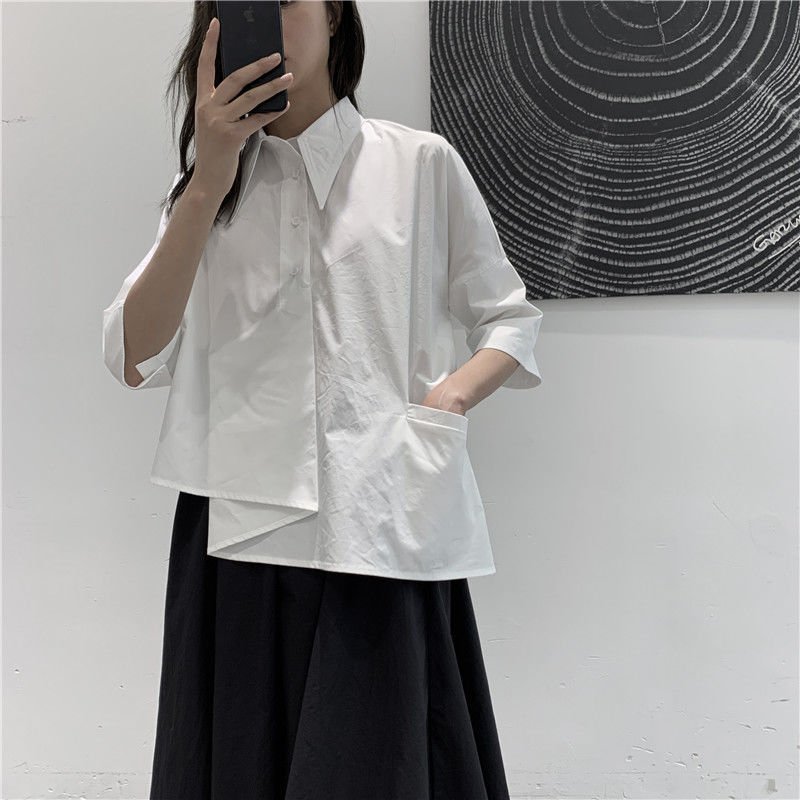 best QWEEK Women&#39;s Blouse Asymmetrical Harajuku Japanese Korean Style Black White Shirt Loose Button Up Tops Casual Summer Fashion 0 shop online at M2K Trends for