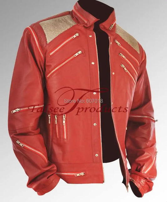 best Rare Classic MJ MICHAEL JACKSON CUSTOM Classic Beat It MV Red Zipper Leather Jacket shop online at M2K Trends for
