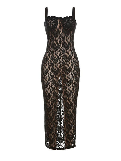 best Sexy Lace See Through Split Women Long Dress Female Slash Neck Spaghetti Straps Slim Fit Dresses Summer Fashion Elegant Vestidos 0 shop online at M2K Trends for