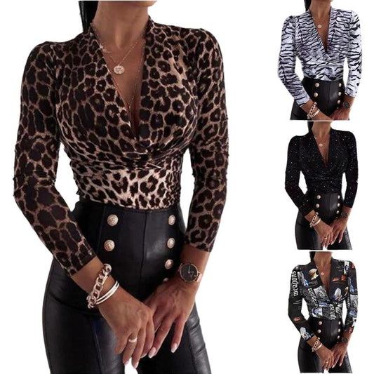 best Sexy Long Sleeve V-neck Leopard Print Ladies Blouse Clothing shop online at M2K Trends for