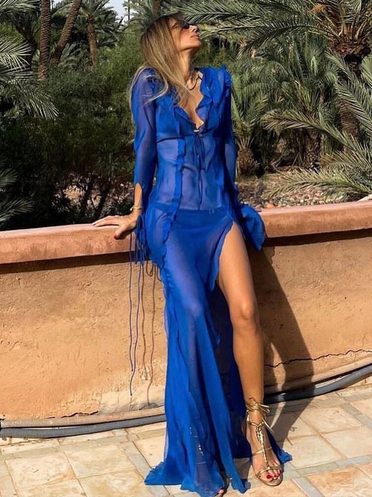 best Sexy V neck Perspective Ruffle Drawstring Tight Maxi Dresses For Women 2023 Spring Summer Elegant Side Split Party Vestido A1942 0 shop online at M2K Trends for