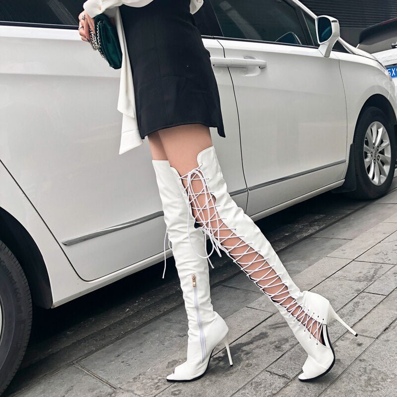 best Sexy women knee high boots hollow out summer bootsribbon lace up thigh high boot out strappy gladiator heels 0 shop online at M2K Trends for