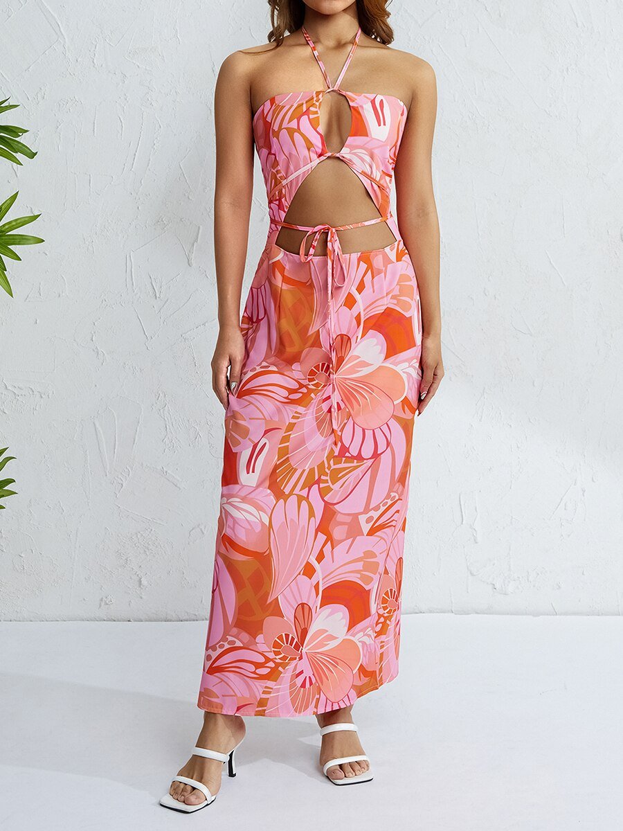 best Sexy Women Summer Sleeveless Dress Solid Color Cross Halter Neck Cutout Split Hem Long Dress For Club Party Beachwear Hot Sale 0 shop online at M2K Trends for