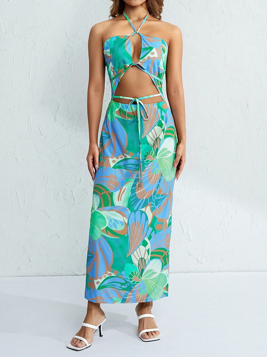 best Sexy Women Summer Sleeveless Dress Solid Color Cross Halter Neck Cutout Split Hem Long Dress For Club Party Beachwear Hot Sale 0 shop online at M2K Trends for