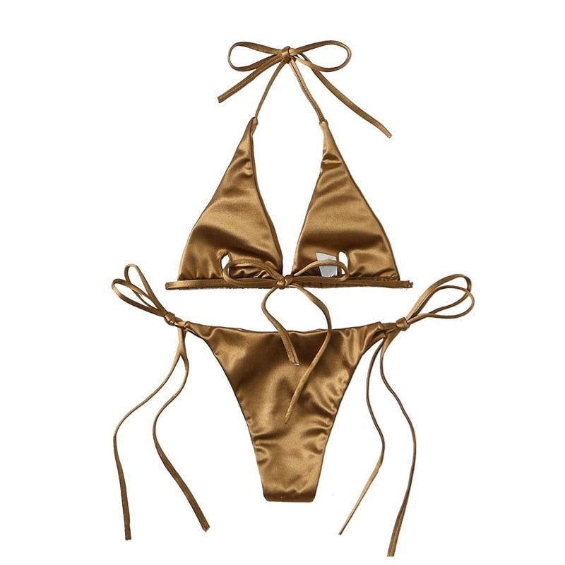 best Sexy Women's Metallic Halter Top Two Piece Swimsuit Tie Side Triangle Bikini Summer Solid Bathing Suit Beachwear Bikini Set 0 shop online at M2K Trends for