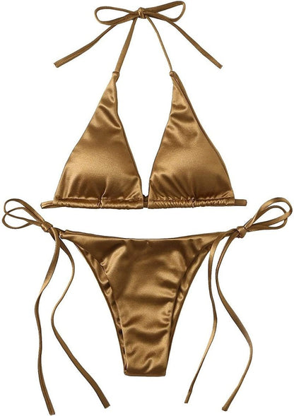 best Sexy Women's Metallic Halter Top Two Piece Swimsuit Tie Side Triangle Bikini Summer Solid Bathing Suit Beachwear Bikini Set 0 shop online at M2K Trends for