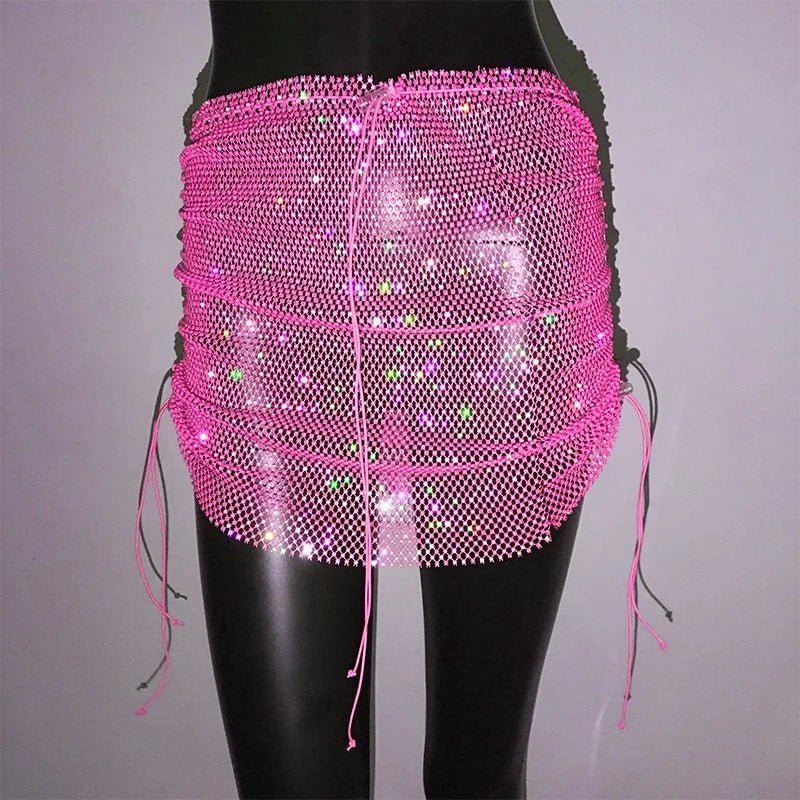 best Shiny Sexy Rhinestone Sequin Fishnet Mini Skirt Festival Drawstring Elastic See Through Diamond Mesh High Elastic Skirt Women shop online at M2K Trends for