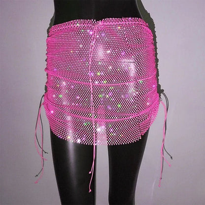 best Shiny Sexy Rhinestone Sequin Fishnet Mini Skirt Festival Drawstring Elastic See Through Diamond Mesh High Elastic Skirt Women shop online at M2K Trends for