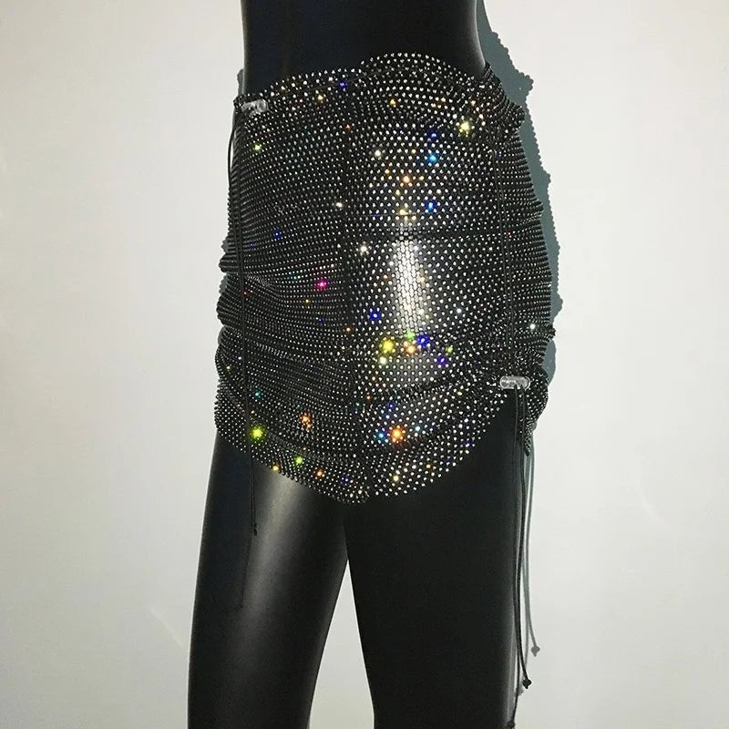 best Shiny Sexy Rhinestone Sequin Fishnet Mini Skirt Festival Drawstring Elastic See Through Diamond Mesh High Elastic Skirt Women shop online at M2K Trends for