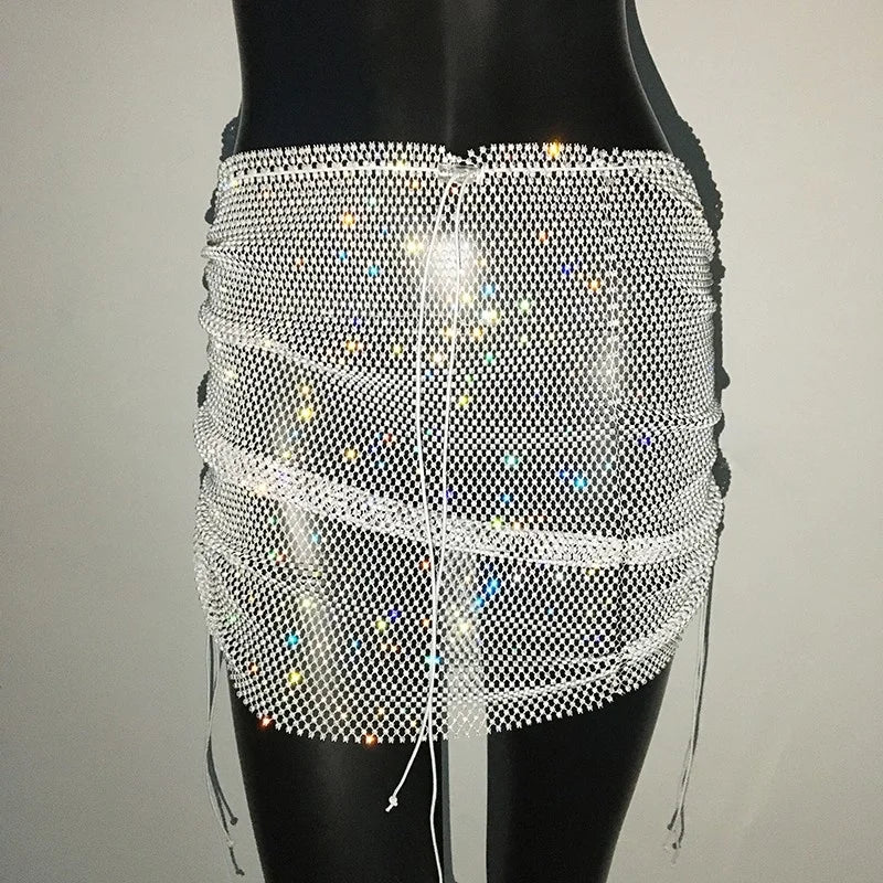 best Shiny Sexy Rhinestone Sequin Fishnet Mini Skirt Festival Drawstring Elastic See Through Diamond Mesh High Elastic Skirt Women shop online at M2K Trends for