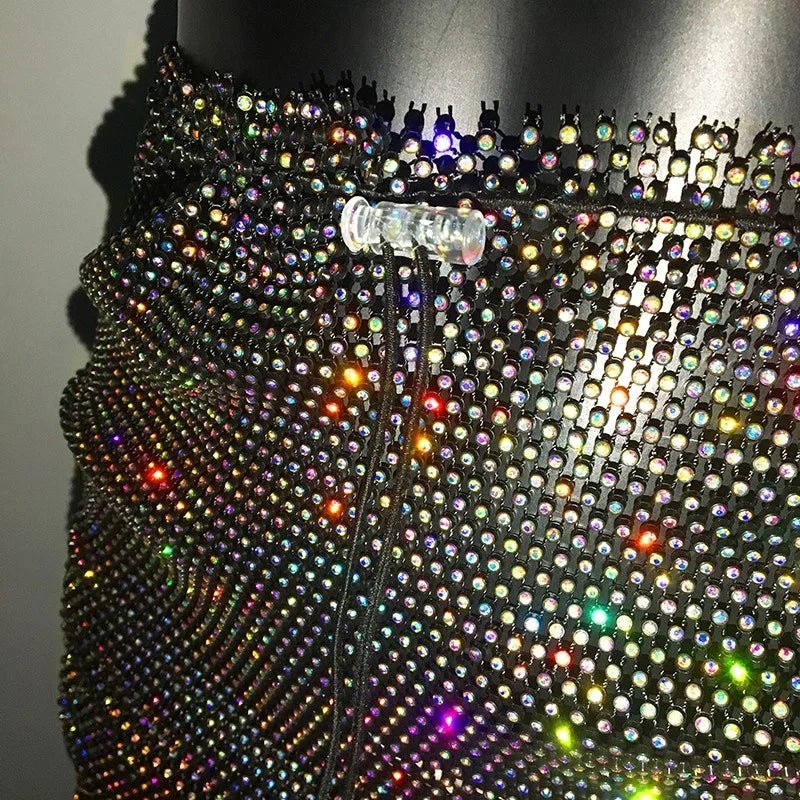 best Shiny Sexy Rhinestone Sequin Fishnet Mini Skirt Festival Drawstring Elastic See Through Diamond Mesh High Elastic Skirt Women shop online at M2K Trends for