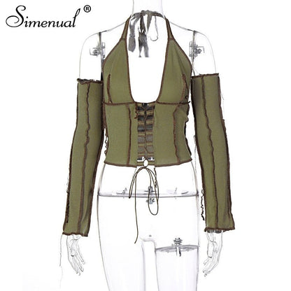 best Simenual Backless Halter Ribbed Tie Front Top Women Long Sleeve Fairy Grunge Lace Up T Shirts Patchwork Green Bodycon Crop Tops 0 shop online at M2K Trends for